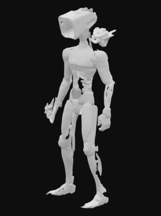 3D model for a human model with iron steel abstract dressing body with perfection topology, add between head on object computer and fan celling like future machine engine, add hammer and fork between knee, and ground plantasia kindergarten like flower with roots rotation on human model