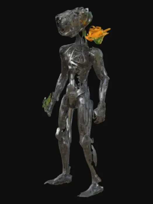 3D model for a human model with iron steel abstract dressing body with perfection topology, add between head on object computer and fan celling like future machine engine, add hammer and fork between knee, and ground plantasia kindergarten like flower with roots rotation on human model