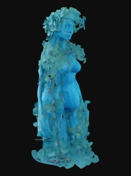 3D model for an abstract topology dimensional with color tiffen blue cyanotype, add flower decoration like kindergarten on leaf, add iron steel metal chain in the abstract manequin body surealism 2D & 3D, add texture grunge frame by frame out of the box abstract multiple body, human, and the things like stone and flower