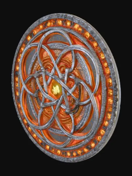 3D model for A stylized, fantastical cluster of interwoven magic arrays in 3D, with multiple concentric rings, thin ornate glyph bands, intersecting pentagrams and sigils, braided arcs crossing over and under each other. Smooth, elegant curves, thin beveled profiles, subtle glowing runes along the engravings. Floating, layered composition with depth and parallax. Mid-poly, clean UVs, no base, centered at origin, facing +Z.

Negative prompt:

base, pedestal, thick chunky parts, uneven jagged edges, scan artifacts, random text, heavy wear, cracks