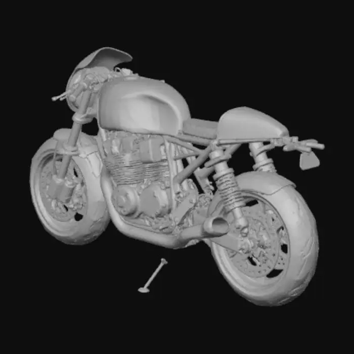 3D model for プロンプト:

「現実寄りのネイキッドロードバイクの3Dモデル。メタリックブルーのタンクとミニカウル、右側2本出しサイレンサー、単眼丸ヘッドライト、ゴールドのキャストホイール。倒立風フロントフォーク、トラス風スイングアーム、チェーンドライブ。水冷直列エンジンの質感。黒シートと黒フレーム。正確なプロポーション。リギング向けクリーントポロジー、左右対称、法線反転や穴なし、適度な中ポリ。主要部品を別オブジェクトで出力：FrontWheel、RearWheel、Fork、Swingarm、Handlebar、Frame、Engine、Chain、BrakeDisc_F、BrakeDisc_R、SideStand。原点は車体中心下。実寸に近いスケール（全長約2.1m、外径約0.6m）。PBRテクスチャ（BaseColor、Metallic、Roughness、Normal）を出力。」

ネガティブ:

「カートゥーン、極端な誇張、過度な微細ディテール、非多様体、重複面、貫通、壊れたUV、ロゴや商標、極端なポリ数」