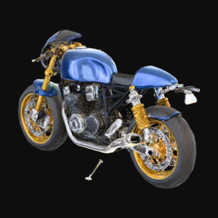3D model for プロンプト:

「現実寄りのネイキッドロードバイクの3Dモデル。メタリックブルーのタンクとミニカウル、右側2本出しサイレンサー、単眼丸ヘッドライト、ゴールドのキャストホイール。倒立風フロントフォーク、トラス風スイングアーム、チェーンドライブ。水冷直列エンジンの質感。黒シートと黒フレーム。正確なプロポーション。リギング向けクリーントポロジー、左右対称、法線反転や穴なし、適度な中ポリ。主要部品を別オブジェクトで出力：FrontWheel、RearWheel、Fork、Swingarm、Handlebar、Frame、Engine、Chain、BrakeDisc_F、BrakeDisc_R、SideStand。原点は車体中心下。実寸に近いスケール（全長約2.1m、外径約0.6m）。PBRテクスチャ（BaseColor、Metallic、Roughness、Normal）を出力。」

ネガティブ:

「カートゥーン、極端な誇張、過度な微細ディテール、非多様体、重複面、貫通、壊れたUV、ロゴや商標、極端なポリ数」