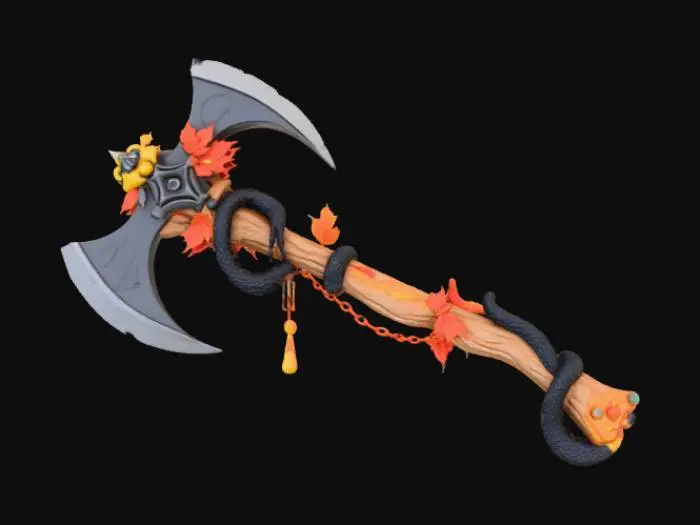3D model for A stylized battle axe with a broad, angular blade, its wooden handle carved with a dense pattern of autumn leaves and winding vines, a vibrant palette of crimson, burnt orange, and golden yellow. The blade, crafted from polished, dark metal, contrasts with the wood. The overall form imbues the axe with a sense of power, the warmth of the wood blending with the sharpness of the metal. The cool, solid feel evokes the wildness and mystery of the autumn forest add snake around the handle of axe make snake tail thinner and clear face of snake.
