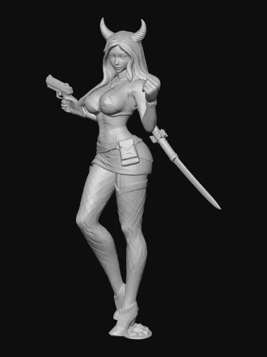 3D model for a very busty sci-fi demoness wearing a short skirt, stockings with long hair, high heels, holding a laser pistol up in her right hand, a long rapier in her left hand, with an rifle on her back,