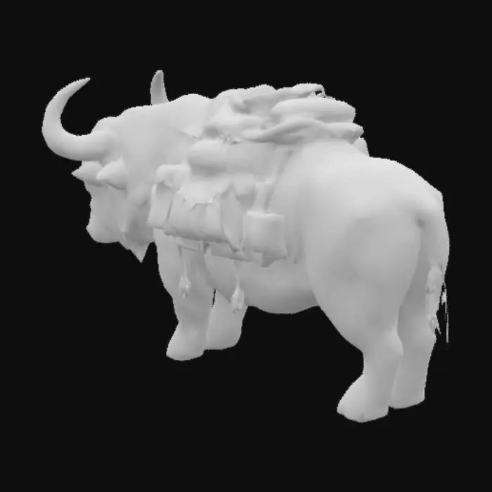 3D model for a large bison creature with a saddle that is covered in bags and cargo. The bison has long hairs and a gigantic set of horns. The horns have ropes that connect to the saddle. 