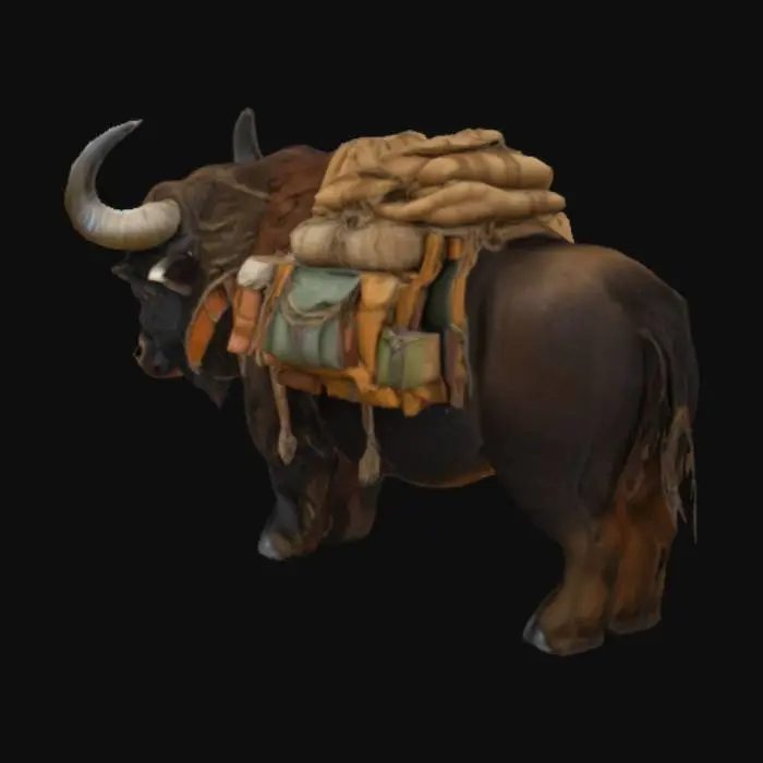 3D model for a large bison creature with a saddle that is covered in bags and cargo. The bison has long hairs and a gigantic set of horns. The horns have ropes that connect to the saddle. 