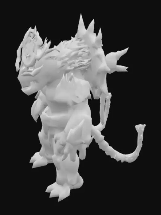 3D model for "Minecraft-style cursed spirit fusion of Rika and Mahoraga from Jujutsu Kaisen. Blocky humanoid body with long flowing cursed energy hair, glowing eye, and jagged mouth like Rika. Four muscular arms, sharp claws, and rotating glowing wheel on back from Mahoraga. Dark bone armor, cursed energy spikes, glowing blue markings, and a terrifying cursed aura.