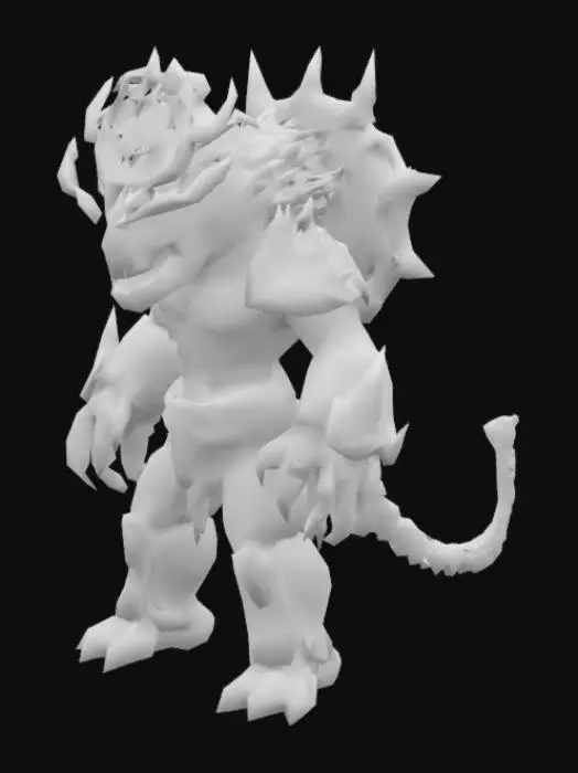 3D model for "Minecraft-style cursed spirit fusion of Rika and Mahoraga from Jujutsu Kaisen. Blocky humanoid body with long flowing cursed energy hair, glowing eye, and jagged mouth like Rika. Four muscular arms, sharp claws, and rotating glowing wheel on back from Mahoraga. Dark bone armor, cursed energy spikes, glowing blue markings, and a terrifying cursed aura.