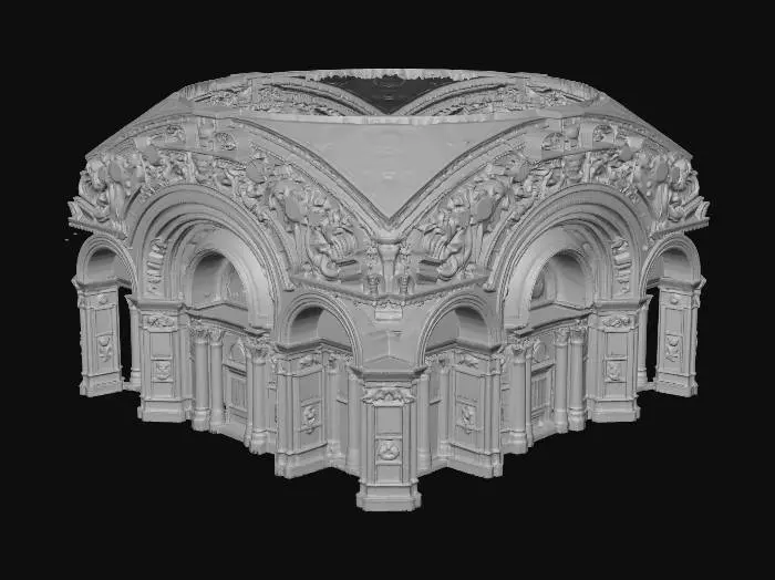 3D model for a highly detailed circular series of large, open archways, decorated with delicate carvings of fantasy creatures, forming an open circular area. The architecture is highlighted by royal trimmings and architectural highlights. There is a large tiled floor between the altar and the archways around the room.