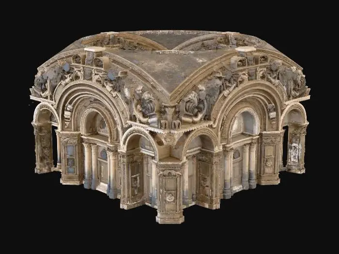 3D model for a highly detailed circular series of large, open archways, decorated with delicate carvings of fantasy creatures, forming an open circular area. The architecture is highlighted by royal trimmings and architectural highlights. There is a large tiled floor between the altar and the archways around the room.