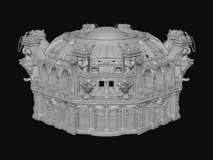 3D model for a highly detailed circular series of large windowed archways, decorated with delicate carvings of fantasy creatures, forming an open circular area. The architecture is highlighted by royal trimmings and architectural highlights. There is a large tiled floor between the altar and the archways around the room. Each archway is open to the world outside.