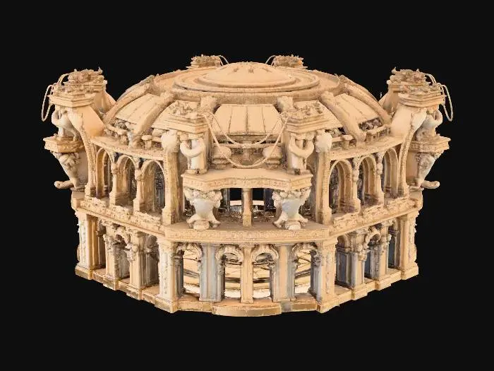 3D model for a highly detailed circular series of large windowed archways, decorated with delicate carvings of fantasy creatures, forming an open circular area. The architecture is highlighted by royal trimmings and architectural highlights. There is a large tiled floor between the altar and the archways around the room. Each archway is open to the world outside.