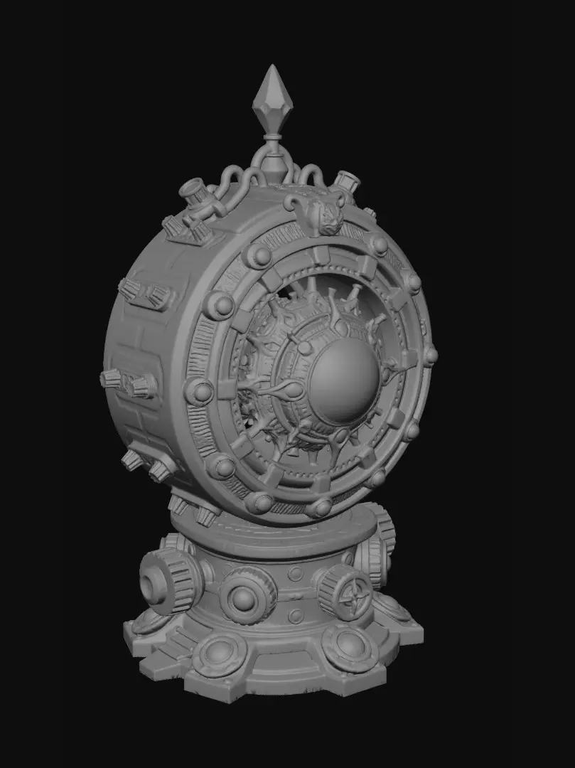 3D model for A Massive magical machine. At it's heart sits a dark blue crystal, and around the crystal is steampunk style concentric rings in the style of an Orrery. The rings are connected to the crystal complex machine-interfaces at the top and base of it the crystal itself. Each ring has sub-mechanisms that align secondary crystals in relation to the first, acting as lenses.
The machine is mounted on a large brass and iron base inset with runes to control and contain the magic being generated.