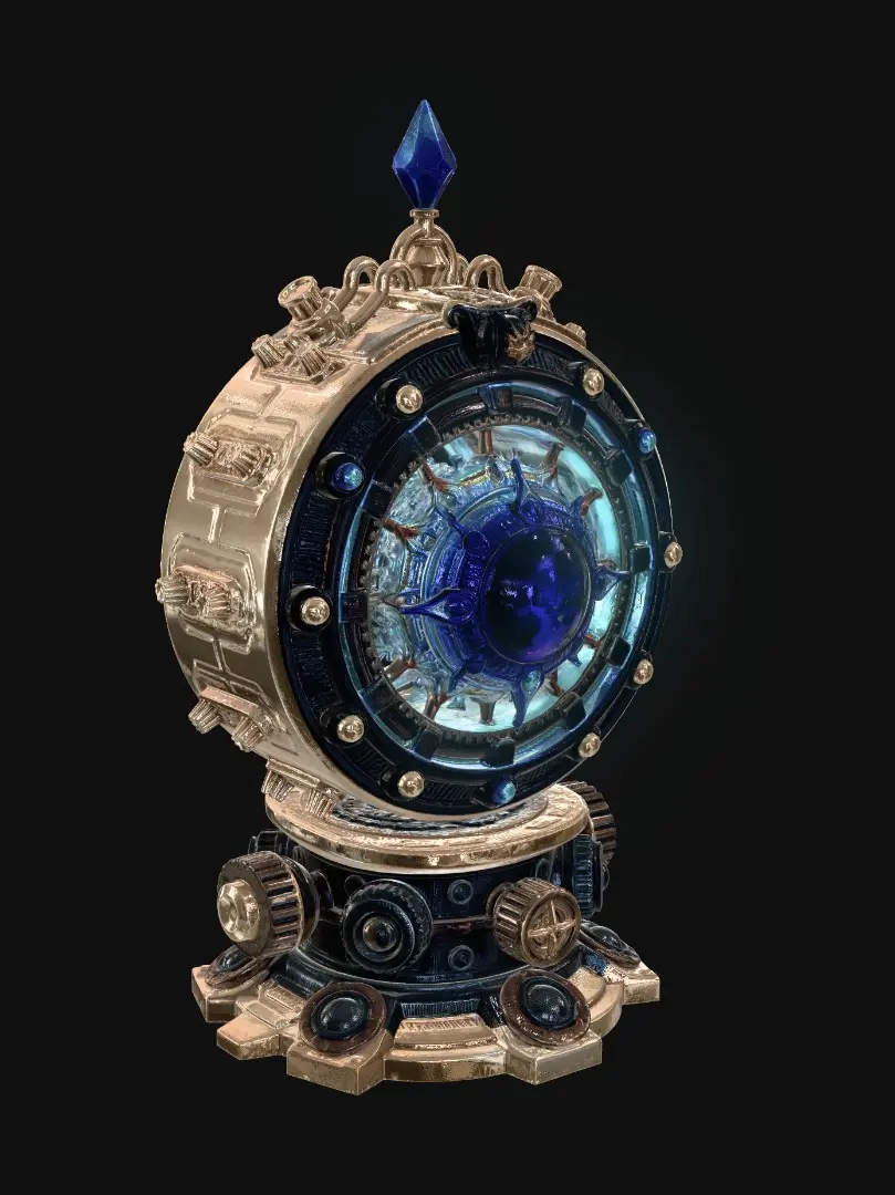 3D model for A Massive magical machine. At it's heart sits a dark blue crystal, and around the crystal is steampunk style concentric rings in the style of an Orrery. The rings are connected to the crystal complex machine-interfaces at the top and base of it the crystal itself. Each ring has sub-mechanisms that align secondary crystals in relation to the first, acting as lenses.
The machine is mounted on a large brass and iron base inset with runes to control and contain the magic being generated.