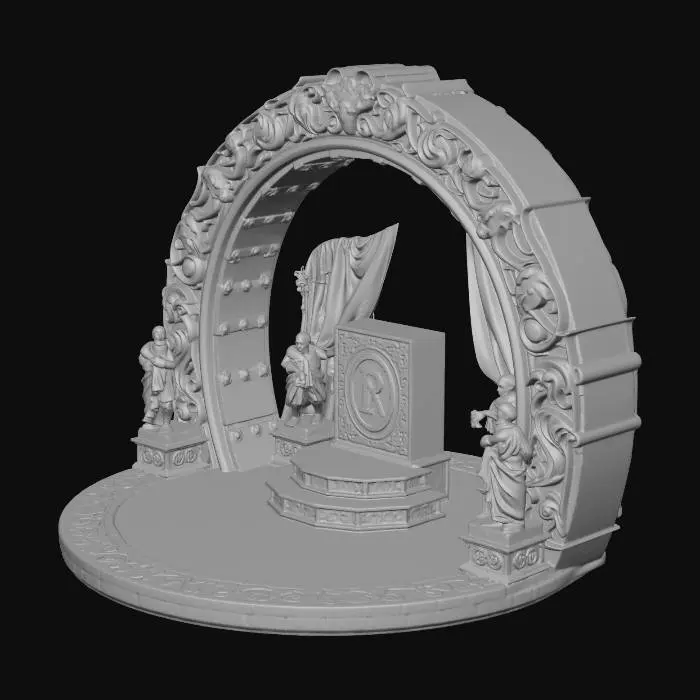 3D model for A circular archway, decorated with delicate carvings of fantasy creatures. The architecture is highlighted by gold trimmings and drapes. In the centre of the circle sits an altar block, carved with elven runes, around the block are four decorative heroic statues, one at each cardinal point and looking outwards.
There is a tiled floor between the altar and the archways around the room.