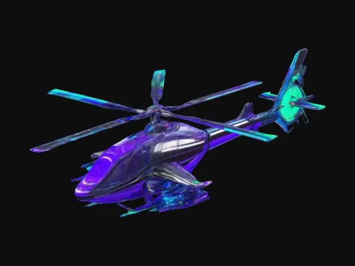 3D model for crie assets uma hélice de helicóptero futurista na cor e materia de inox brilhante com bordas pretas e cores azul neon roxo e preto com verde cana brilhante na cor viva estilo neon e um suportetipo crenagem com lnaçadores de misseis futuristas super potentes e lançador de  bombas de alto poder de explosao e alcançe tudo integrado um ao lado do outro com cobinação de espaços entre um e outro para um fino e elegante designer futurista e crie lutes inovadores e futurista cheios de misseis soltos dentro deles na cor e estilo futrista para os misseis e na cor de ouro com preto e prata e azul neon para os lutes cheios de bombas explosivas de alto alcance e luzes futuristas estilo de pulicia e bancos com volante de helicoptero e um para brisa frontal de helicoptero = vidro com  visao 100% claro 

