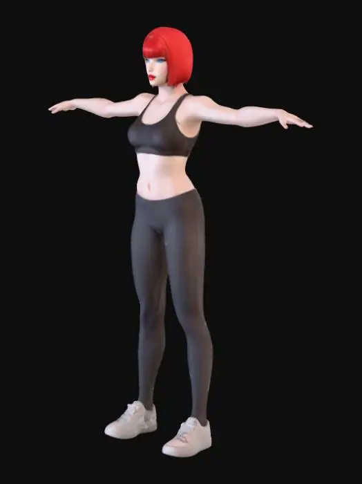 3D model for crie um humanoide feminina,
cabelo liso longo na altura do quadril e vermelho,
sombracelhas grandes e um pouco grossa,
olhos azul claro brilhantes com simetria
nariz pequeno empinado e perfeito,
boca media com baton vermelho,
dentes brancos perfeitos, 
pele na cor raça branca,
bico dos seios rosados cor de pele,
cintura fina,
quadril largo,
busto com profundidade,
bumbum empinado e volumoso,
pernas grossas e virilha com profundidade e volume,
vulva volumosa e profunda,
pose A,
tudo com simetria e tudo realistico com perfeição. 