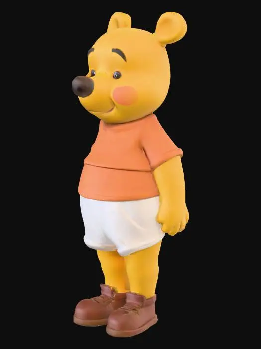 3D model for 로우폴리
면 1000개 이하
4등신 캐릭터
곰돌이 푸의 인간형 캐릭터
옷은 간단하게 면바지, 면티 장착
신발은 가죽신발
눈코입귀등 얼굴은 곰돌이 푸처럼
TPS 게임에 사용할 수 있는 캐릭터, 리깅