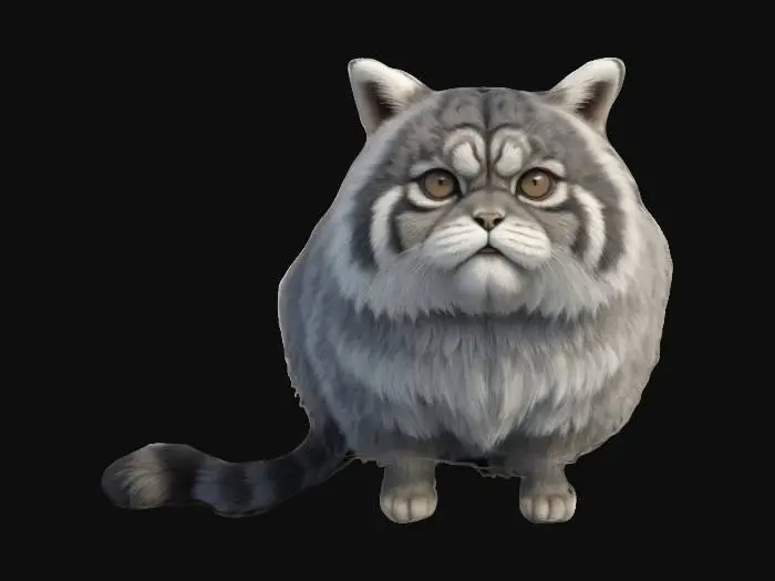 3D model for Anime, Gentle, Symmetrical Body, Full Body, Standing, the object is a robust, fluffy pallas cat with a stocky, rather fat body, round head, short neck, short legs and a dense fur exhibiting a blend of gray and tan hues with subtle striping.