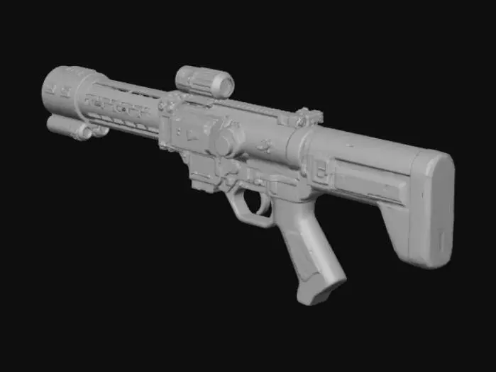 3D model for Heavy exo-gun / mech arm mount — large scale weapon with mount interface for mech forearm, hydraulic pistons as separate objects, clip-in power conduit, reinforced heat vents with emissive grad map, built with game performance LODs and collision proxies.