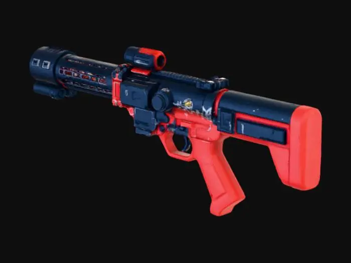 3D model for Heavy exo-gun / mech arm mount — large scale weapon with mount interface for mech forearm, hydraulic pistons as separate objects, clip-in power conduit, reinforced heat vents with emissive grad map, built with game performance LODs and collision proxies.