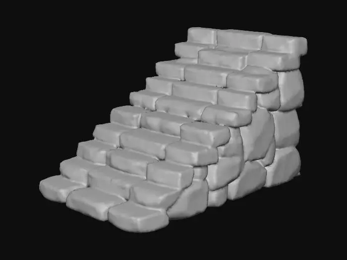 3D model for A low-polygon ancient stone staircase, constructed from angular, faceted rock blocks. The steps are broad and roughly hewn, exhibiting a distinct geometric, chunky appearance typical of a low-poly style. Its texture suggests weathered, coarse rock with subtle, blocky cracks and chips, rendered in earthy tones of muted grey, mossy green, and deep brown, giving it a stylized, aged, and solid presence.