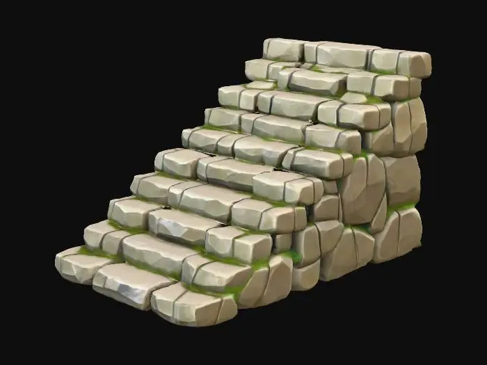 3D model for A low-polygon ancient stone staircase, constructed from angular, faceted rock blocks. The steps are broad and roughly hewn, exhibiting a distinct geometric, chunky appearance typical of a low-poly style. Its texture suggests weathered, coarse rock with subtle, blocky cracks and chips, rendered in earthy tones of muted grey, mossy green, and deep brown, giving it a stylized, aged, and solid presence.