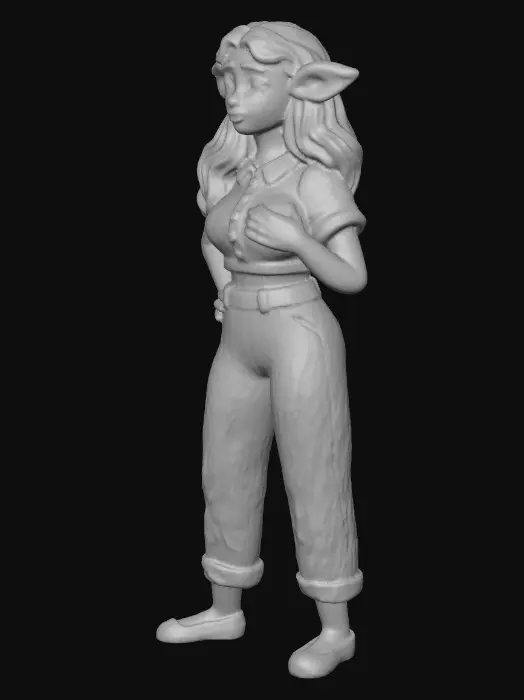 3D model for Turn stylised female character concept into a 3d sculpt. Stay as accurate as  possible to artistic stylisation and the proportions and shapes of reference