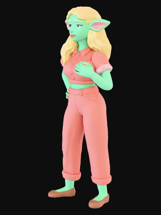 3D model for Turn stylised female character concept into a 3d sculpt. Stay as accurate as  possible to artistic stylisation and the proportions and shapes of reference