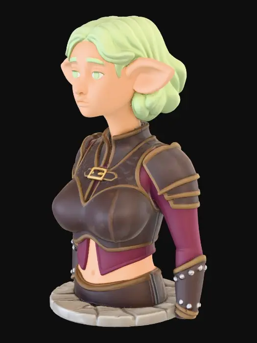 3D model for Translate the reference sketch into a collectible figurine statuesque bust. Matte painted plastic finish, molded seam detail, chunky toy logic sculpting. Neutral expression, simple background. Do not compress vertically
Turn reference of a stylised dungeons and dragons heroine into a finished collectible action figure. Keep stylisation of original but add dnd style colour to it. Simple minimal basewear, leather armour or tunic or bikini armour, with no weapons and minimal accessories so we see more of the body sculpt