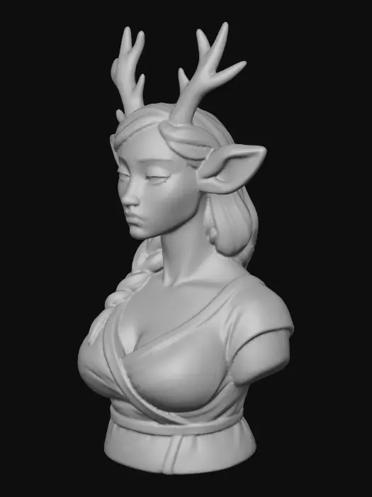 3D model for Translate the reference sketch into a collectible figurine statuesque bust. Matte painted plastic finish, molded seam detail, chunky toy logic sculpting. Neutral expression, simple background. Do not compress vertically
