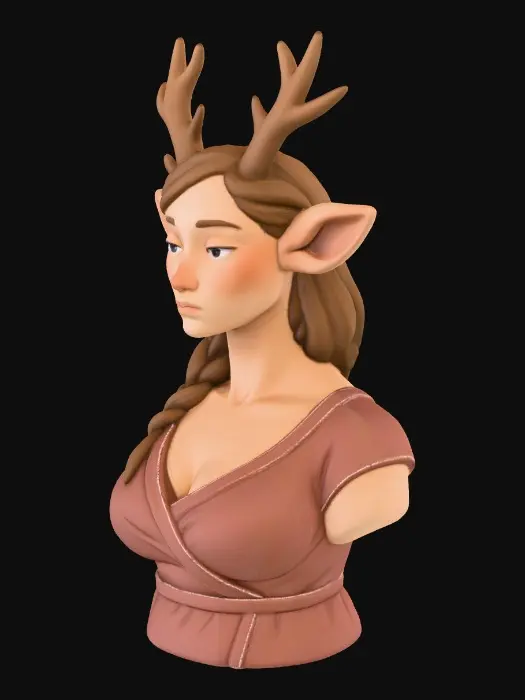 3D model for Translate the reference sketch into a collectible figurine statuesque bust. Matte painted plastic finish, molded seam detail, chunky toy logic sculpting. Neutral expression, simple background. Do not compress vertically