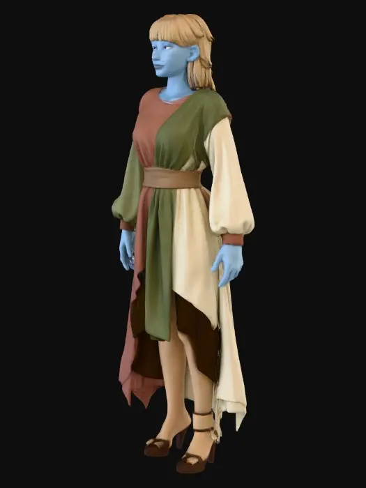 3D model for Add simple fantasy style base  clothing to my figurine character base. Keep clothing simple and minimal for accurate character silhouettes. Keep exaggerated stylisation of original