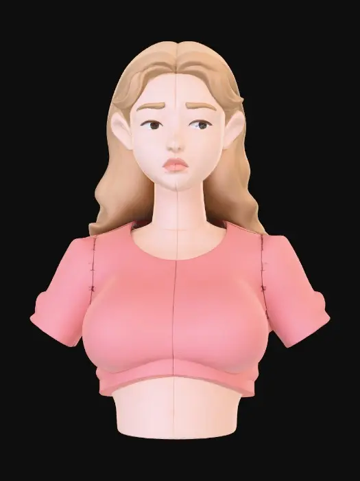 3D model for Translate the reference sketch into a collectible figurine statuesque bust. Matte painted plastic finish, molded seam detail, chunky toy logic sculpting. Neutral expression, simple background. Do not compress vertically