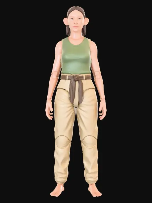 3D model for A photorealistic 3D model of an articulated collectible action figure. She boasts a smooth matte plastic body with a meticulously painted finish, showcasing subtle textures and seams. Illuminated by clean studio lighting, creating soft shadows and detailed highlights. The female figure has short, straight brown hair, a natural skin tone, and distinctively large, round ears. She is dressed in a plain sleeveless top and loose-fitting trousers, cinched at the waist by a tied fabric belt.