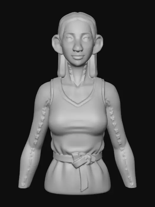 3D model for Translate the reference character into a collectible figurine statuesque bust. Matte painted plastic finish, molded seam detail, chunky toy logic sculpting. Neutral expression, simple background. Do not compress vertically