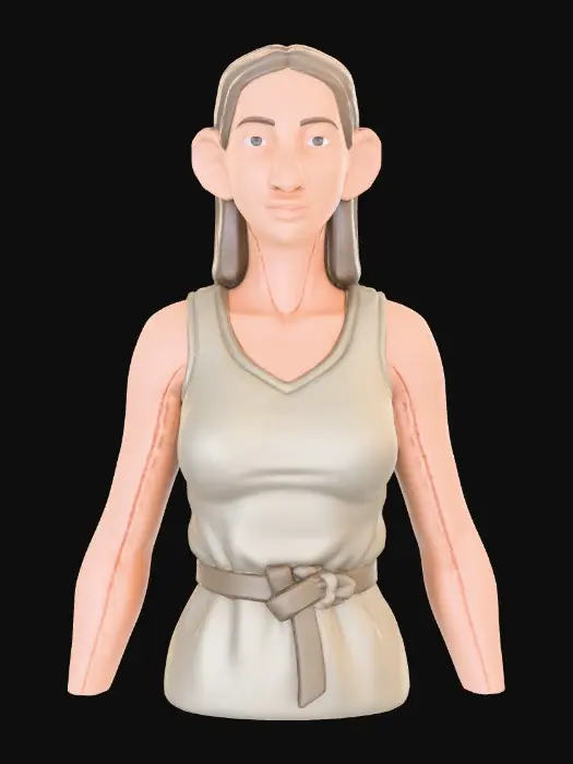 3D model for Translate the reference character into a collectible figurine statuesque bust. Matte painted plastic finish, molded seam detail, chunky toy logic sculpting. Neutral expression, simple background. Do not compress vertically