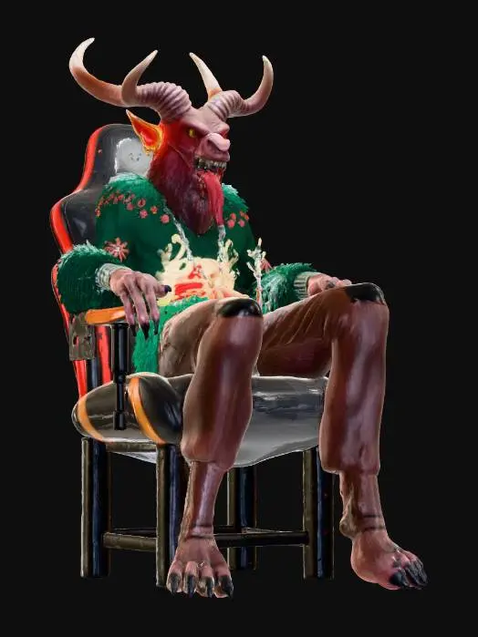 3D model for Krampus demon sitting on RGB gaming chair with neon lights, wearing glowing RGB headset with microphone, holding Monster energy drink can in clawed hand, demonic furry creature with large curved ram horns and long red tongue out, ugly Christmas sweater with reindeer and snowflake pattern, clawed hands with sharp black nails, goat legs with dark hooves, thick dark brown fur with frost, red glowing demonic eyes, rusty chains wrapped around torso, leather belt with ancient bells, birch branches on back, RGB mechanical keyboard and gaming mouse on desk, multiple monitors, Doritos bag and Mountain Dew bottles, menacing but humorous expression showing fangs, detailed fur texture, dramatic red and green lighting, snow particles