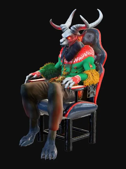 3D model for Krampus demon sitting on RGB gaming chair with neon lights, wearing glowing RGB headset with microphone, holding Monster energy drink can in clawed hand, demonic furry creature with large curved ram horns and long red tongue out, ugly Christmas sweater with reindeer and snowflake pattern, clawed hands with sharp black nails, goat legs with dark hooves, thick dark brown fur with frost, red glowing demonic eyes, rusty chains wrapped around torso, leather belt with ancient bells, birch branches on back, RGB mechanical keyboard and gaming mouse on desk, multiple monitors, Doritos bag and Mountain Dew bottles, menacing but humorous expression showing fangs, detailed fur texture, dramatic red and green lighting, snow particles