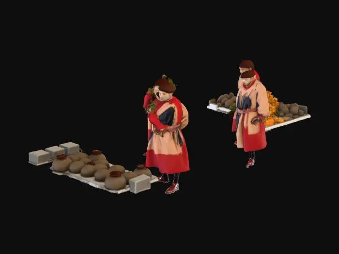 3D model for Highly detailed 3D scene of a narrow, forgotten Florentine alley from the 18th century. Weathered stone walls, wooden shutters, hanging laundry, dim lantern light, uneven cobblestones, and subtle morning mist. Small market stalls with merchants selling bread, fruit, fabrics, and pottery. A few townsfolk with historically accurate 18th‑century clothing: simple tunics, vests, aprons, and hats. Include a couple of tipsy townsmen leaning against a wall or sitting on barrels, with relaxed, cheerful expressions, holding clay cups. Add merchants interacting with customers, lively but non‑violent atmosphere. Warm, soft lighting, realistic textures, cinematic depth of field, slight grime and patina typical of the era. Composition focused on depth, perspective, and environmental storytelling.