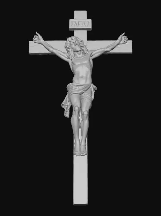 3D model for large wooden cross with wooden statue of tortured Christ, authentic, visceral, impressive