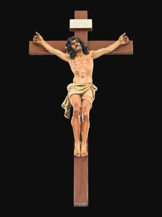 3D model for large wooden cross with wooden statue of tortured Christ, authentic, visceral, impressive