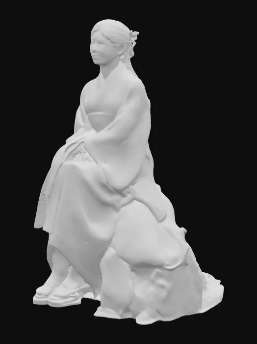 3D model for 这幅数字绘画描绘了一位年轻的东亚女性，她拥有白皙的皮肤和黑色波浪形的头发，头发上装饰着金色和红色的华丽发夹，她穿着一件优雅的白色和服，带有蓝色和金色的色调，带有花卉刺绣和宽大的蓝色腰带，她坐在一片宁静的阳光照耀的草地上的岩石上，背景是湖泊和山脉，她的和服微微敞开，露出蓝色内衣，她右手拿着一根细长的带金色装饰的手杖，表情平静而沉着，她穿着白色系带凉鞋，天空清澈，有柔和的云朵）