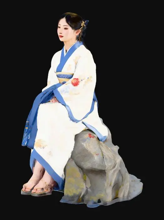 3D model for 这幅数字绘画描绘了一位年轻的东亚女性，她拥有白皙的皮肤和黑色波浪形的头发，头发上装饰着金色和红色的华丽发夹，她穿着一件优雅的白色和服，带有蓝色和金色的色调，带有花卉刺绣和宽大的蓝色腰带，她坐在一片宁静的阳光照耀的草地上的岩石上，背景是湖泊和山脉，她的和服微微敞开，露出蓝色内衣，她右手拿着一根细长的带金色装饰的手杖，表情平静而沉着，她穿着白色系带凉鞋，天空清澈，有柔和的云朵）