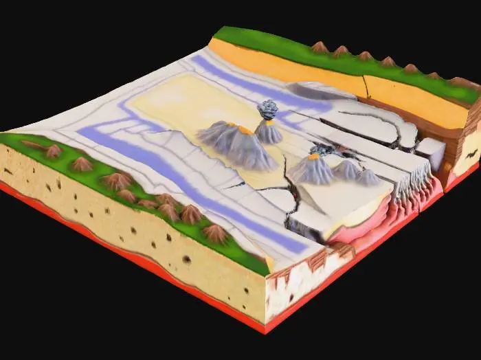3D model for Volcanic Eruption Process Diagram put colors