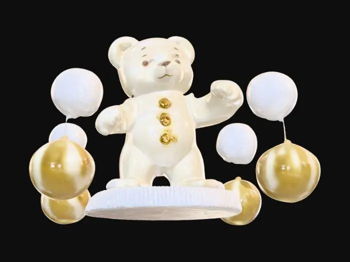 3D model for A cherished_teddy figure made of masterfully crafted white chocolate standing on a snow base, cutely dancing among bubbles made of transparent candy, with gold lining and crystal. Nvidia volumetric lighting. Game_ready asset,#Christmas2025#