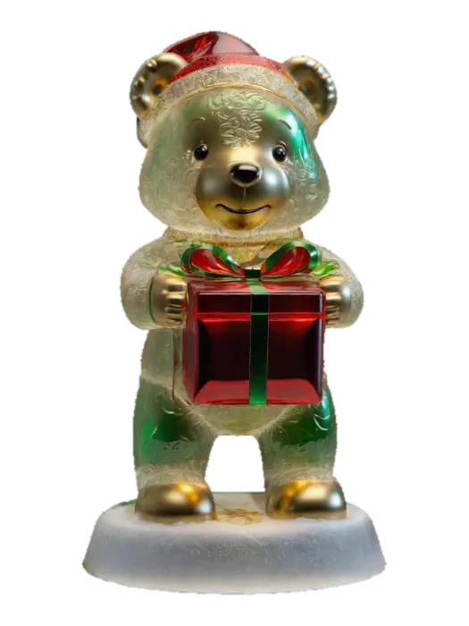 A stylized boy Cherished Teddy figure made of translucent glass, holding an intricatly decorated… - Present 的 AI 生成 3D 模型