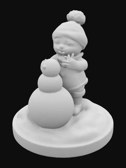 3D model for A stylized snowbaby boy figure made of translucent crafted glass, standing on a snow base with gold lining and Christmas crystal. He is building a snow man. Beautiful Nvidia volumetric lighting. #ChristmasAdventure#