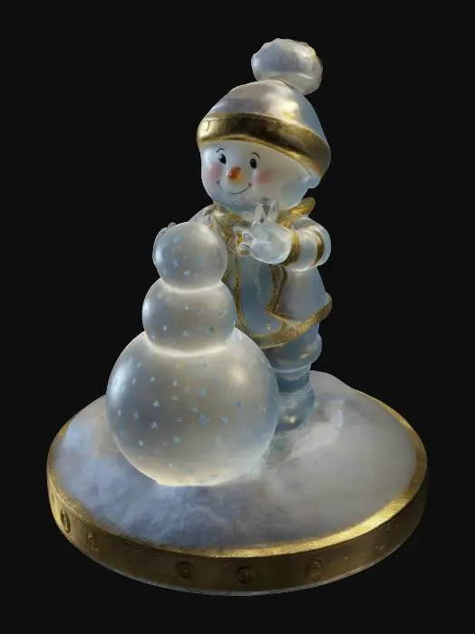 3D model for A stylized snowbaby boy figure made of translucent crafted glass, standing on a snow base with gold lining and Christmas crystal. He is building a snow man. Beautiful Nvidia volumetric lighting. #ChristmasAdventure#