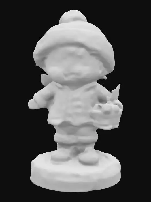 3D model for A stylized boy Hummel figure made of translucent glass, standing on a snow base with gold lining and red and green Christmas crystal. Nvidia volumetric lighting. #ChristmasAdventure#